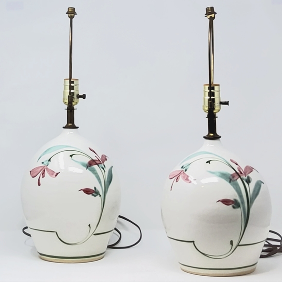 Pair - Vintage Hand Painted Pottery Table Lamp Stoneware - 10” Base, 20” Overall - Picture 1 of 1